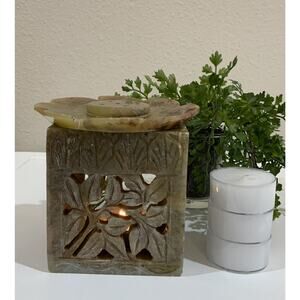 Vtg Box Floral Natural Soapstone Votive Tea Light Candle Holder Incense Burner